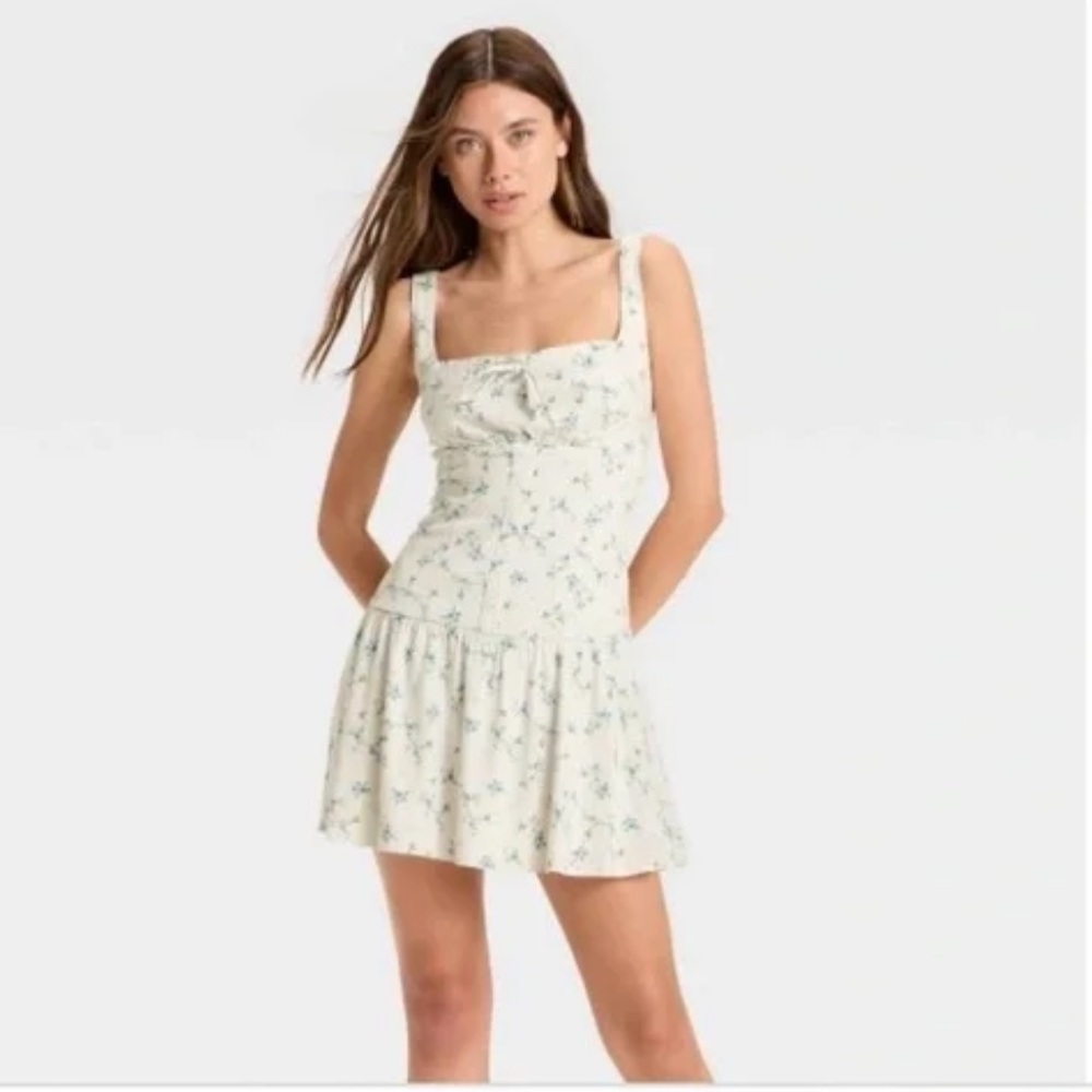 Wild Fable XS Emma Mini Babydoll White Blue Floral Mini Dress